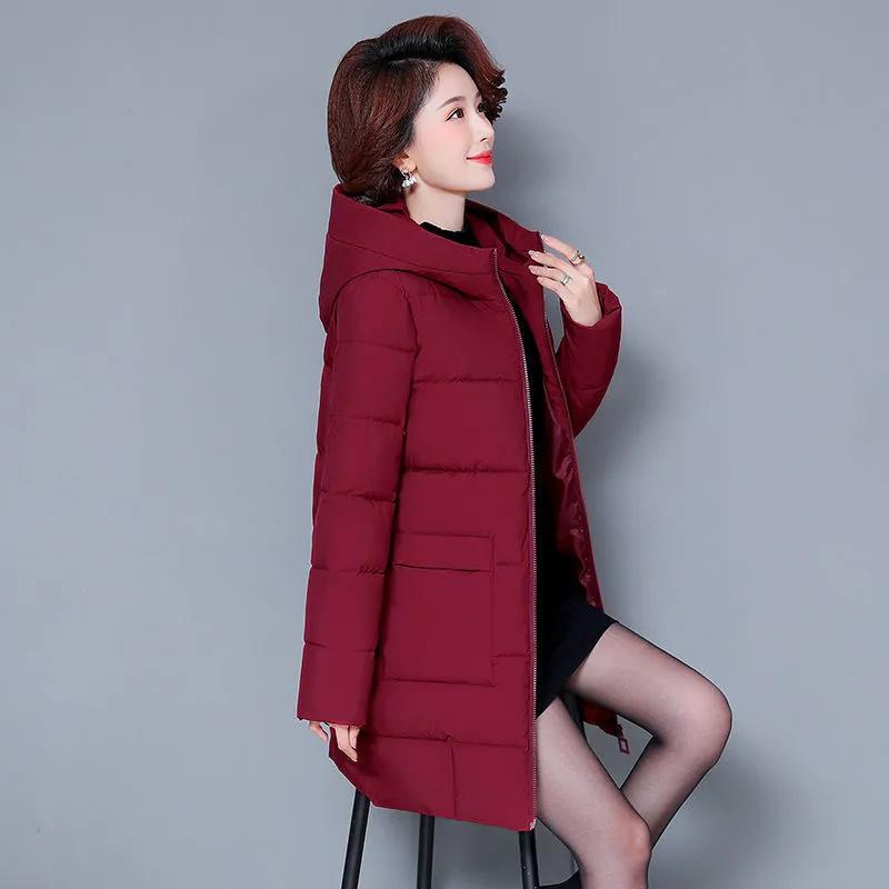 Women's Winter Casual Plus Size Mid-Length Jacket Solid-Color Hooded Warm Jacket