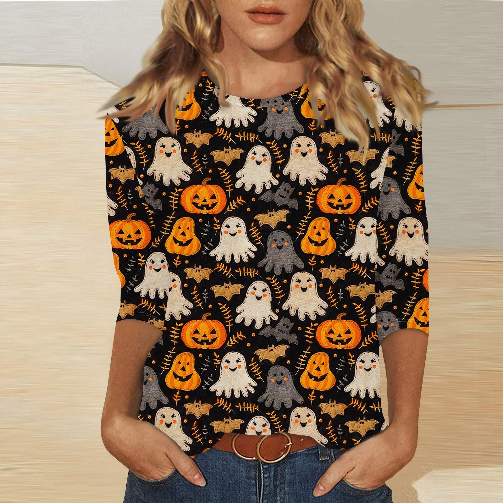 

Женский топ с круглым вырезом и принтом на Хэллоуин с рукавами три четверти, повседневная футболка XXXXL