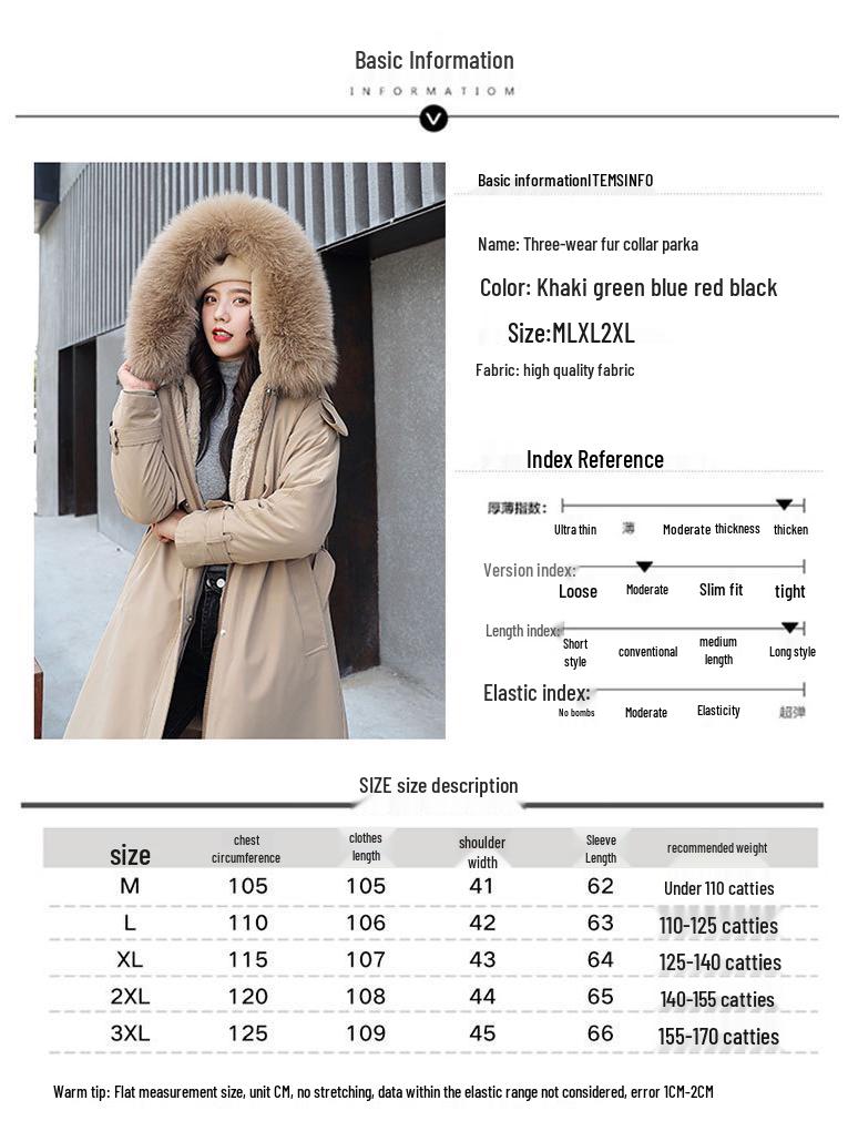 Women's Korean Style 3-in-1 Reversible Long Cotton Parka with Removable Liner and Slimming Waist