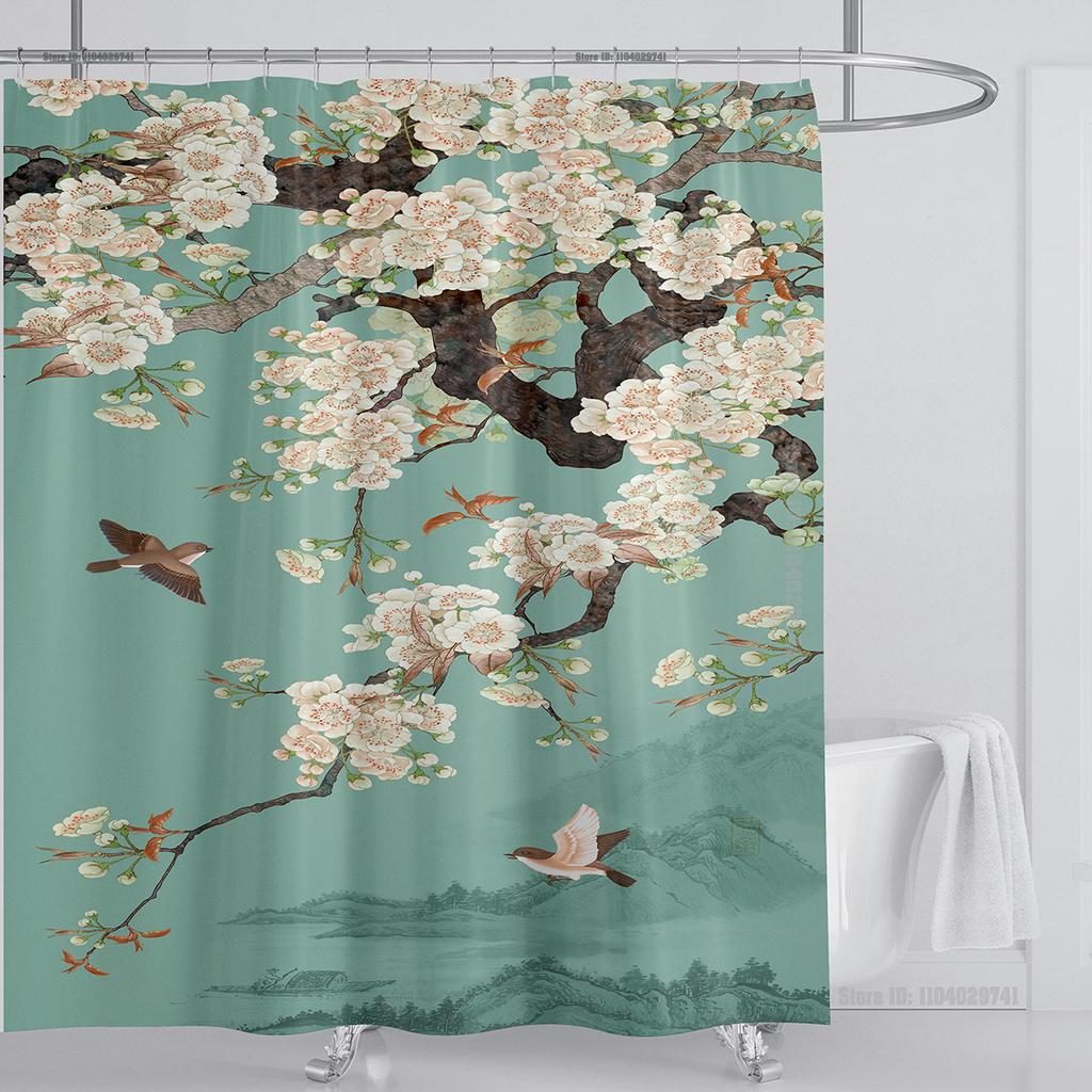 Chinese Style Flower and Birds Tree Shower Curtains Crane Pattern Bath Curtain Waterproof Bathroom Decor With Hooks 3d Printing