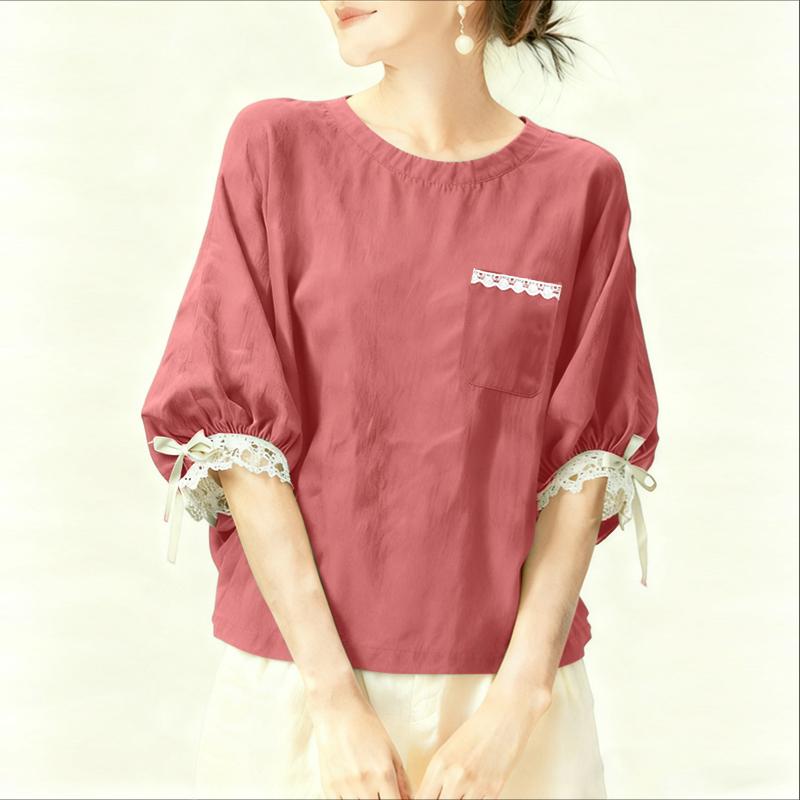 ZANZEA Women Casual Round Neck Lace Splice 3/4 Sleeve Blouse
