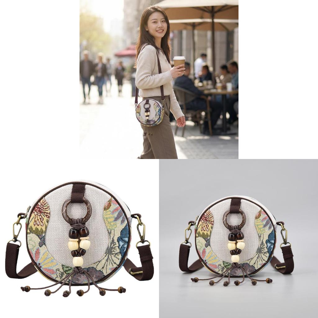 Vintage Ethnic Style Handcrafted Canvas Small Round Bag With Tassels For Daily Use