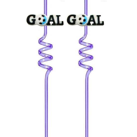 2Pcs Soccer Theme Spiral Straws, PET Reusable Curved Drinking Straws with Football Charm, World Mug Party Beverage Decor
