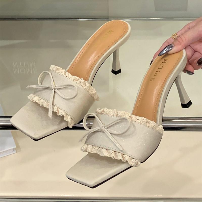 Fashion Elegant Lace Bow Decorated Brand Slipper Women Fashion Square Toe Thin Heel Slide Sandal Sweet Party Dress Shoe Zapatos De Mujer