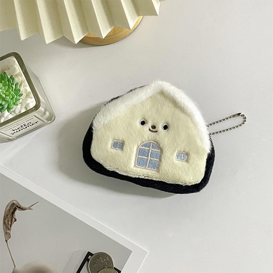 

Adorable Plush House Shaped Storage Pouch For Coins Headphones And Cables Black White
