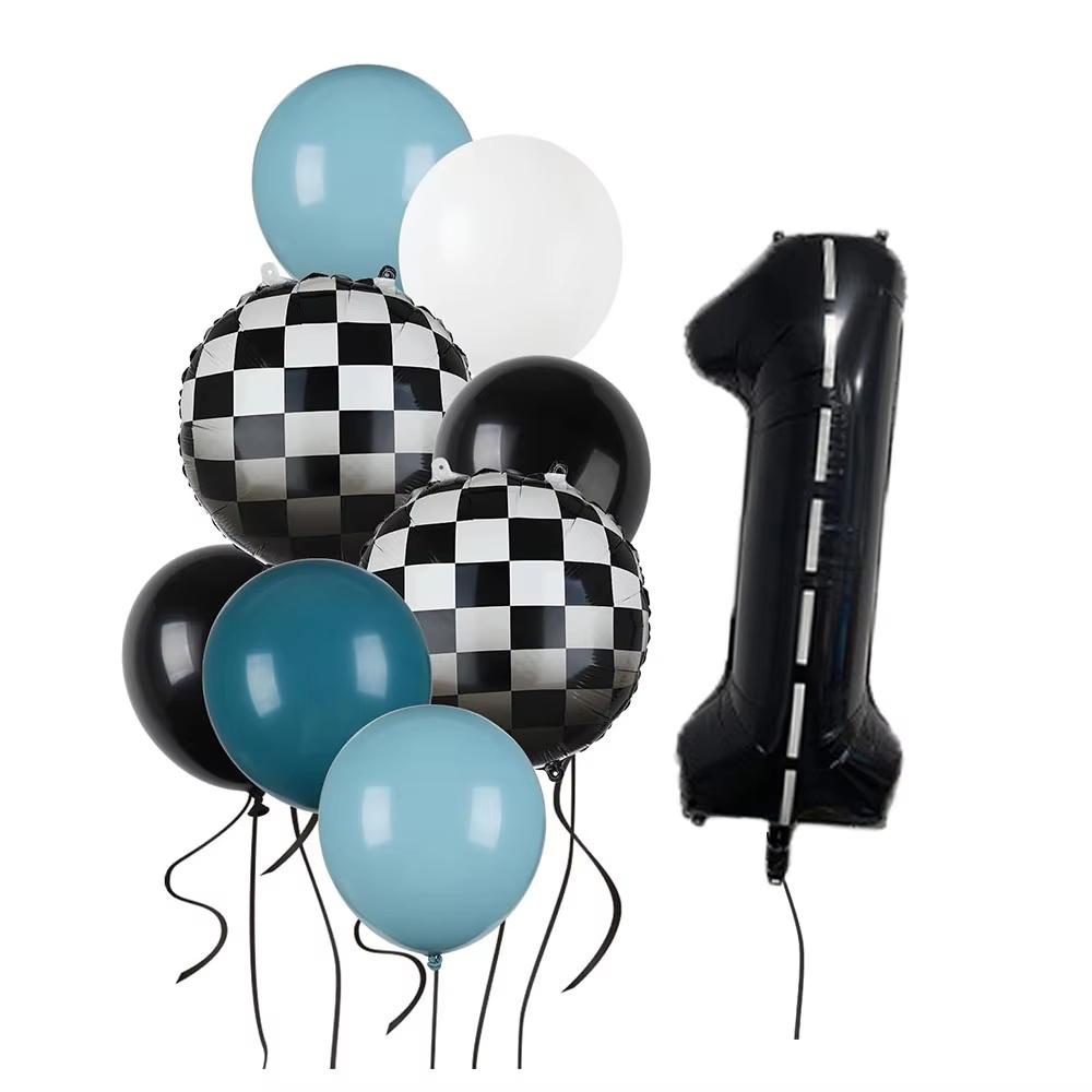 9pcs Race Car Balloons Set Checkered Balloon Blue Black Latex Balloon Boy One Happy 1st 2nd Vintage Two Fast Theme Party Decor