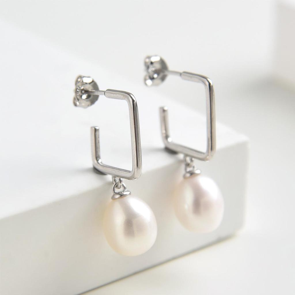 Korean Style Elegant Sterling Silver Pearl Geometric Dangle Earrings
