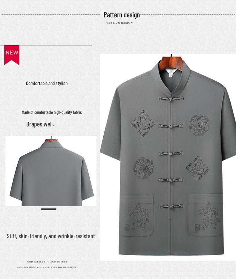 Men's Summer Short-Sleeved Shirt Set - Middle-Aged & Elderly Dad Tang Suit Style