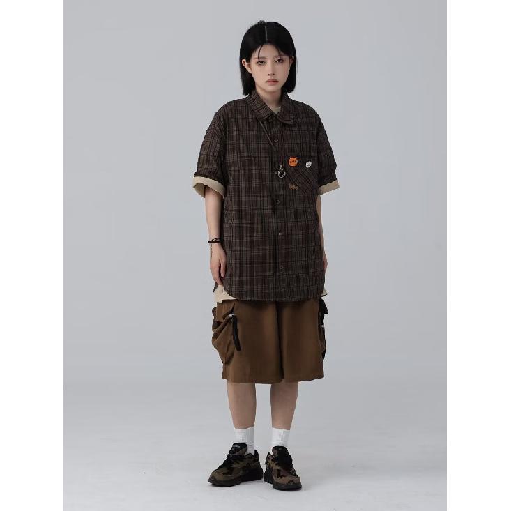 Herren Buchstaben Kurzarmhemd Japanischer Hongkong-Stil Ins Lockeres Hemd Herren- und Damen-Sommertrend Vielseitige Freizeitjacke