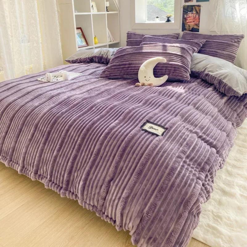 4PCS/set Thick Solid Color Velvet Duvet Cover Winter Warmth Bedding Set Double Quilt Cover Twin Queen King Comforter Cover