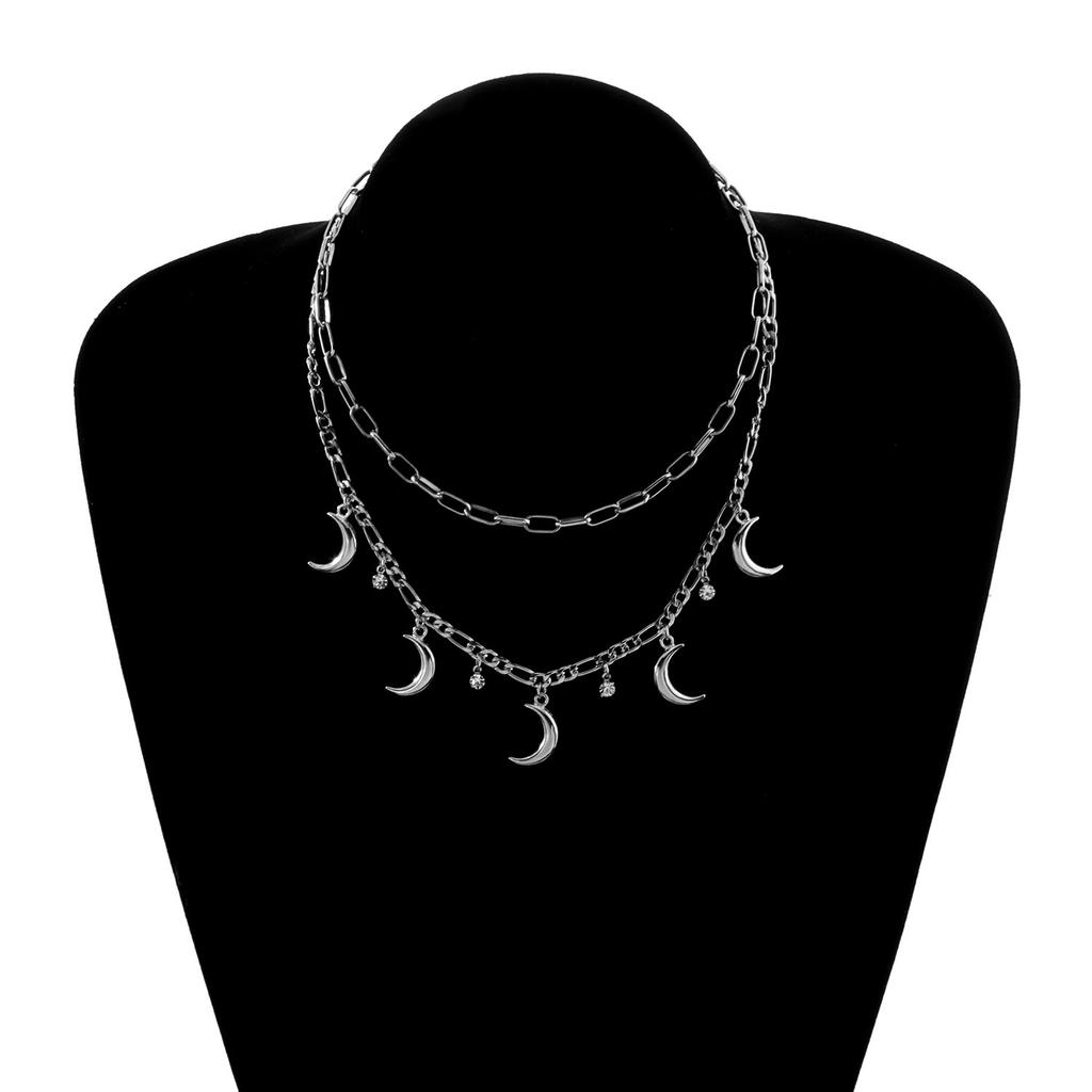 Europe, America, Geometric Metal Crescent Rhinestone Pendant Necklace Women's Fashion Trendy Multi-layer Sweater Necklace
