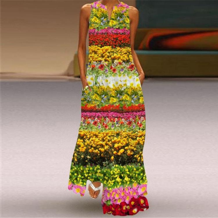 2023 Summer Women Sexy V Neck Retro Print Long Dress Sleeveless Beach Vacation Casual Fashion Clothing