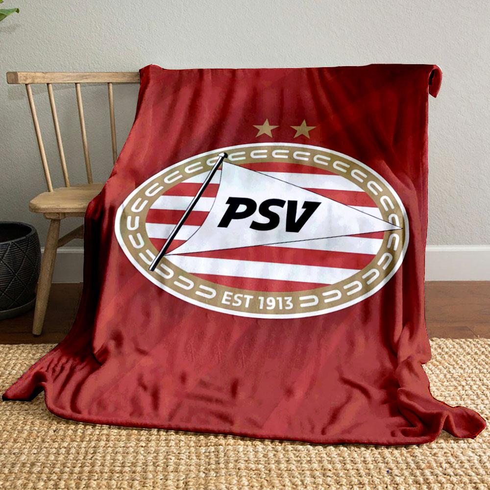 Ein PSV-Logo mit einem gestreiften Oval, zwei Sternen und einem Dreiecksflaggen-Design. Decke für alle Jahreszeiten Mittagspause Überwurf Geschenk