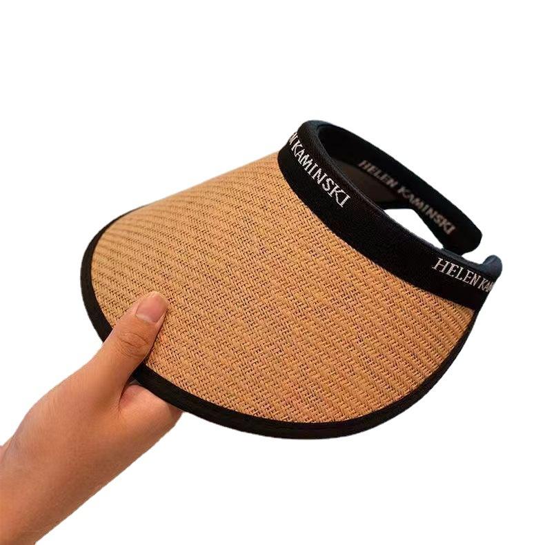 New Summer Vinyl Sun Protection and UV Headband  Straw Woven  Adult Empty Roof Letters  Large Hat Brim  Small Face