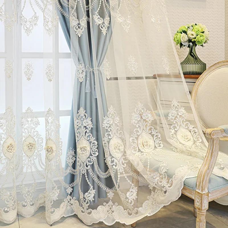 Curtain European Style Double-layer Thickened Curtain Shading Yarn Living Room Bedroom Home Embroidered Double-opening Sunshade Curtain Rod