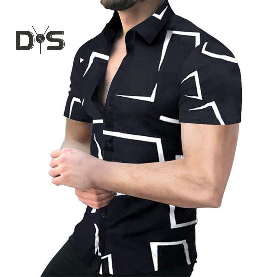 Summer Men Shirt Geometric Printing Single-breasted Short Sleeves Slim Fit Top Turn-down Collar Mid Length Contrast Color Shirt