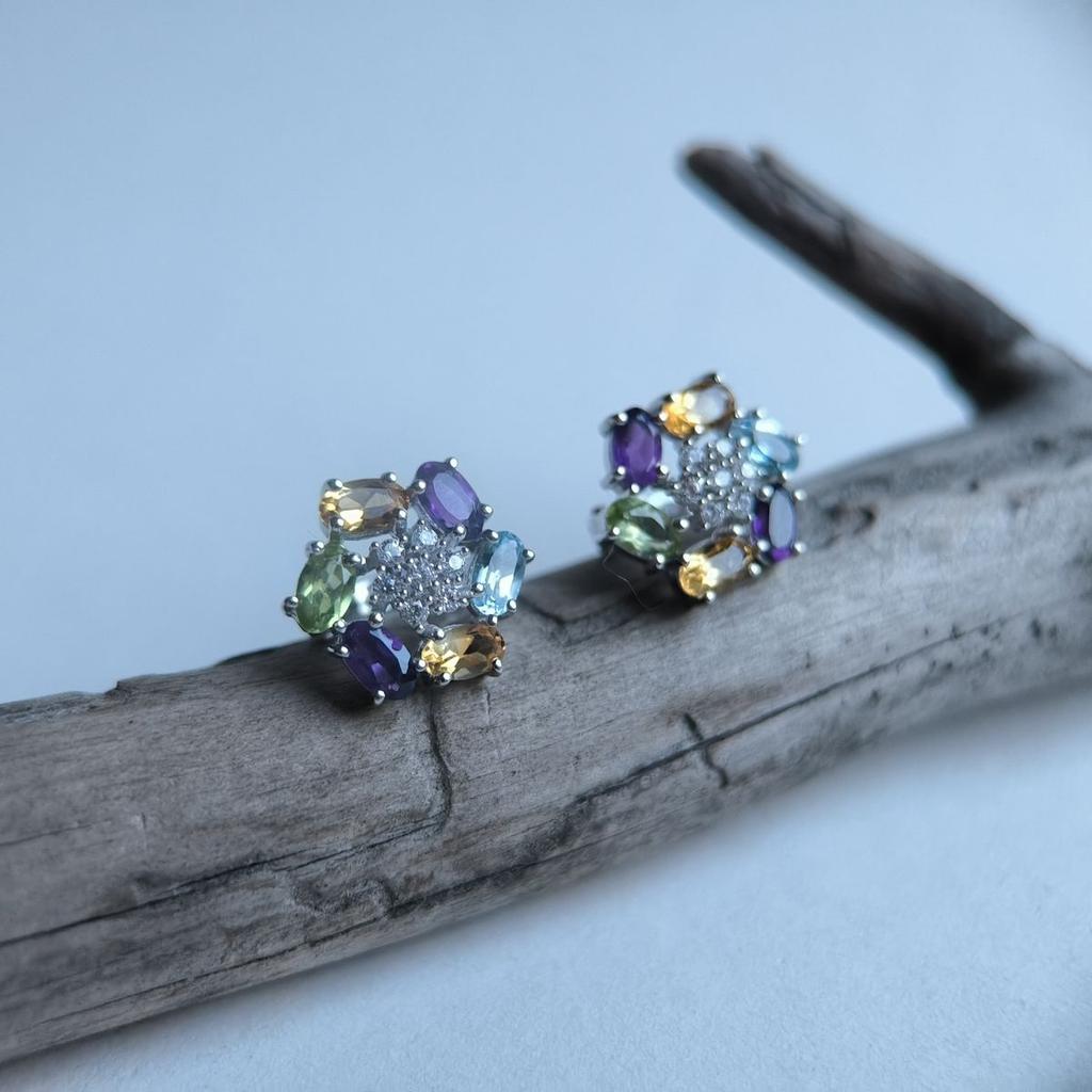 Серебряные серьги с натуральным аметистом 3.253ct, цитрином, хризолітом, топазом (2193180)