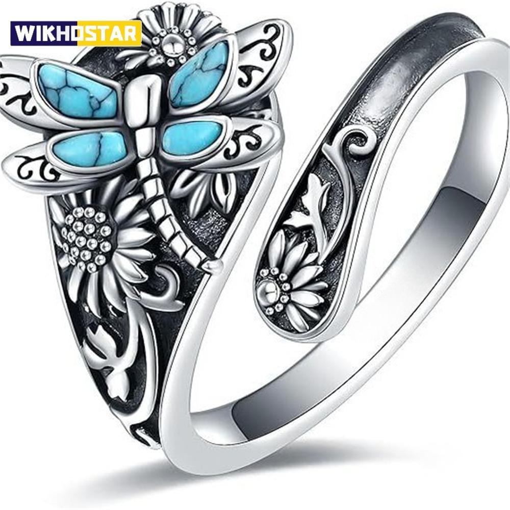 1 Pcs Vintage Ring Flower Dragonfly Blue Opal Open Adjustable Rings Jewelry Birthday Gift For Women Men