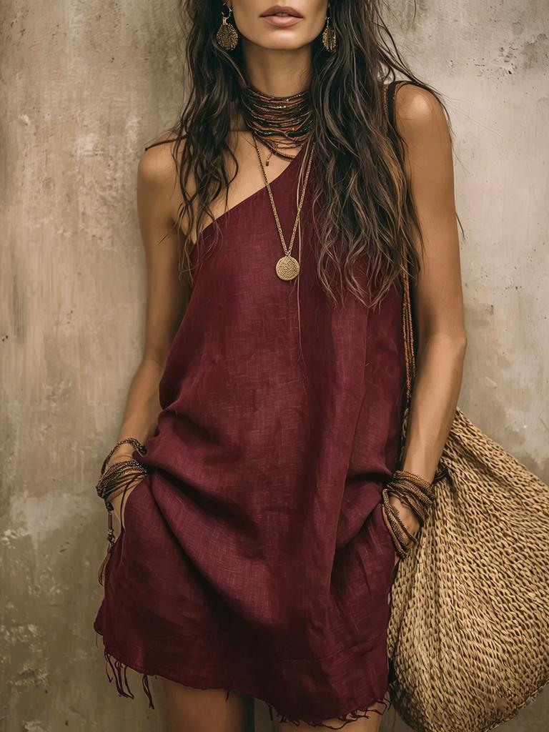 women's Solid Color Asymmetric One Shoulder Linen Texture Loose Pocket Short Mini Vacation Dress