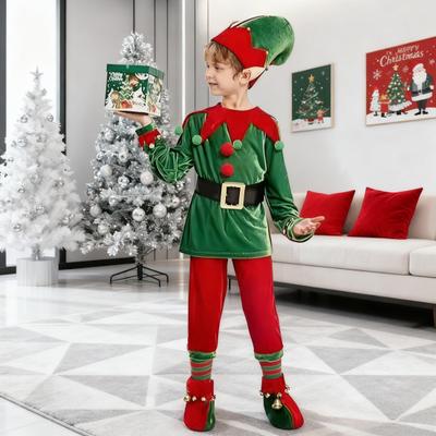 Christmas Elf Costume Set Boys Girls Festive Elf Outfit Kids Classic Red Green Elf Hat Stockings Set Dress-up Attire for Parties Cosplay Performance