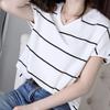 Plus Size Women's Striped V-Neck Short Sleeve T-Shirt Mid-Length Korean Style Summer Fashion
