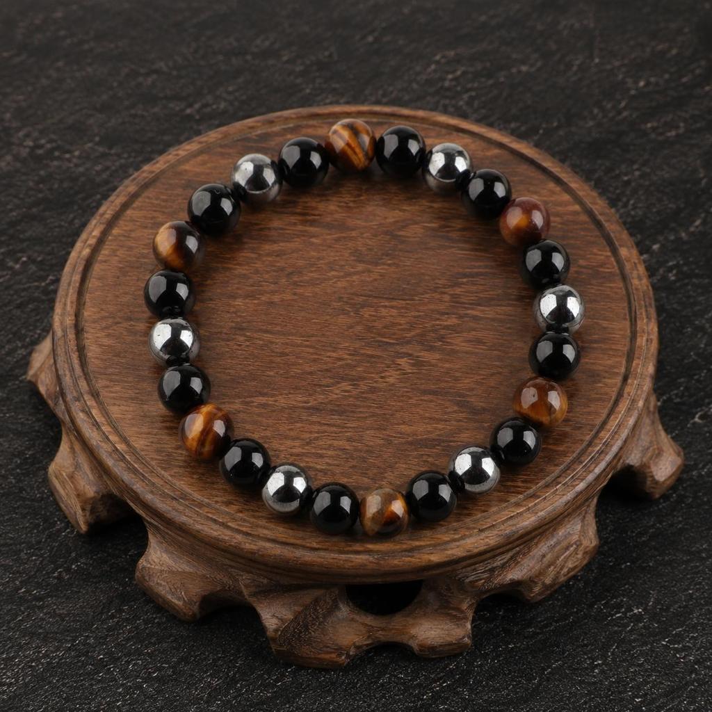Triple Protection Men's Bracelet, Tiger Eye Black Onyx Bracelet for Men, Hematite Beaded Stretch Bracelets, Handmade Jewelry For Gift DB-9