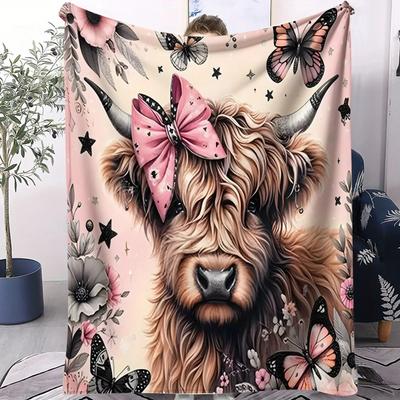 Cute Highland Cow Flannel Blanket Flower Butterfly Bedroom Throw Sofa Kids' Decor Camping Blanket Couples Family Friends Animal