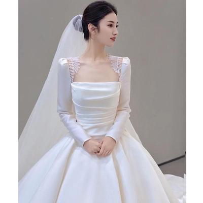 Satin Retro Light Wedding Dress with Small Long Sleeves - 2024 Bridal Collection