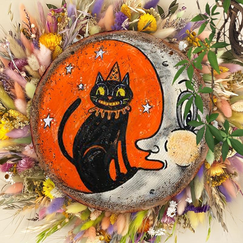 

1PC Circular Moon Cat Wood Sign Halloween Gift Wooden Artwork 20x20cm 20*20