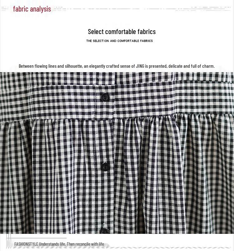 Spring Plaid Linen Dress: Women's Retro Long Sleeve Design Skirt