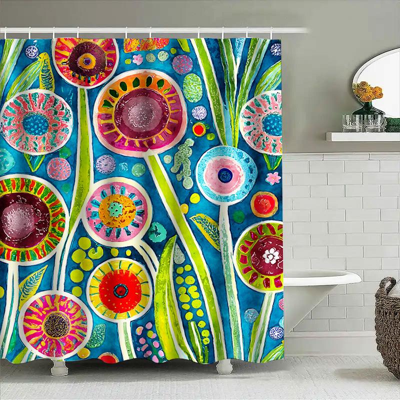 Bathroom Decor Shower Curtain Flower Print Waterproof Fabric Water Resistant