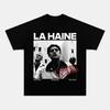 Black Front Print Retro French Crime Film Three Male Black White Halftone Portrait Loose Oversized Cotton Street Top