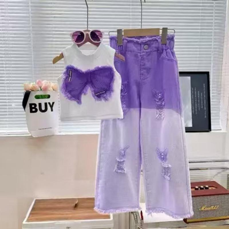 Abbigliamento Estivo per Bambine Set Due Pezzi Jeans Perforati Senza Maniche per Bambini Ragazza Media Moda Estiva