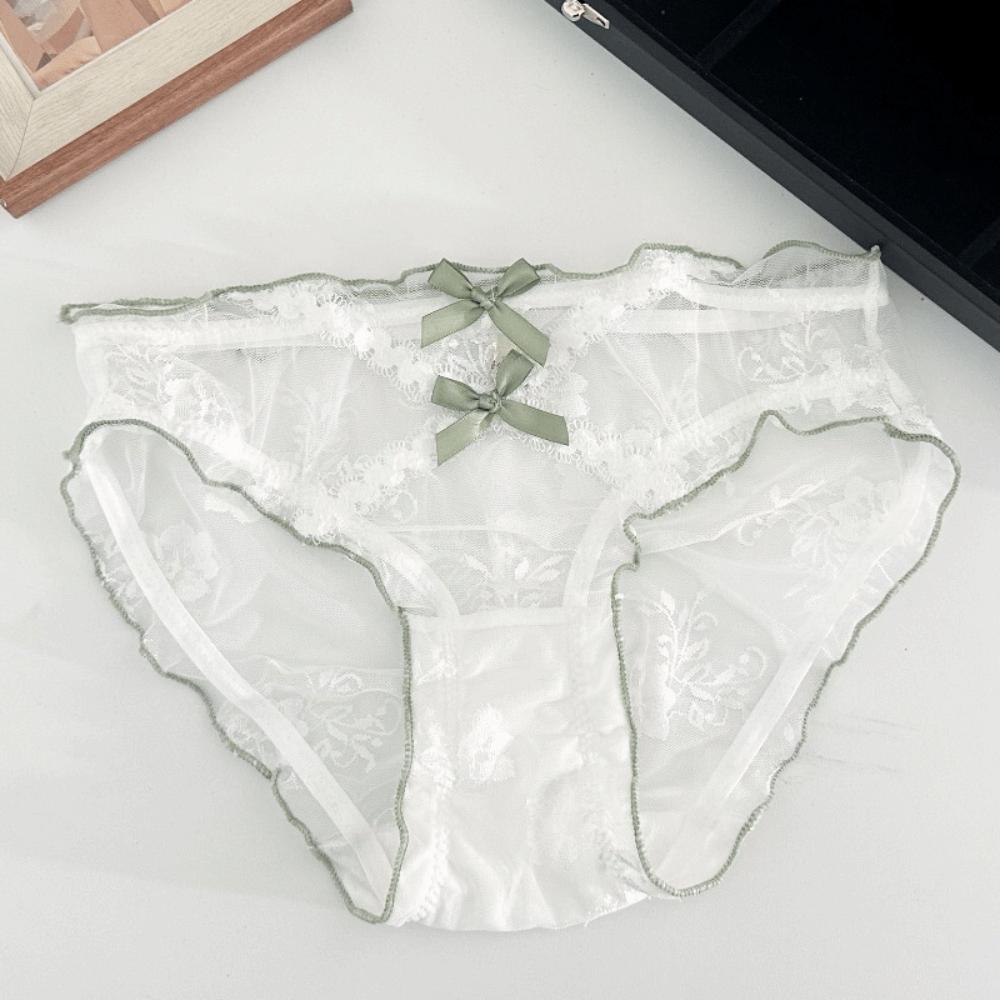 Sweet Low Waist Lace Panties Transparent Cotton Crotch Mesh Flower Briefs Bow Lingerie Underwear for Women Girl