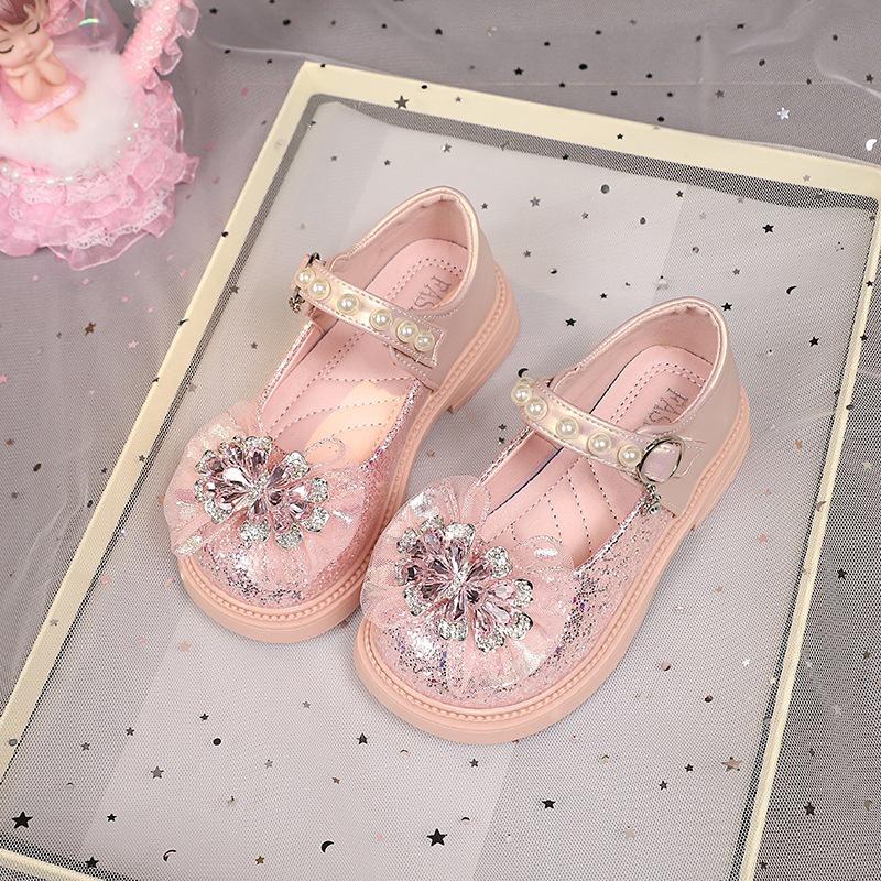 2026 Spring Girls' Princess Crystal Soft Sole Leather Shoes