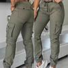Pantaloni Cargo da Donna a Vita Media Jogger Slim Multi Tasche alla Caviglia Primavera Poliestere Pantaloni da Lavoro