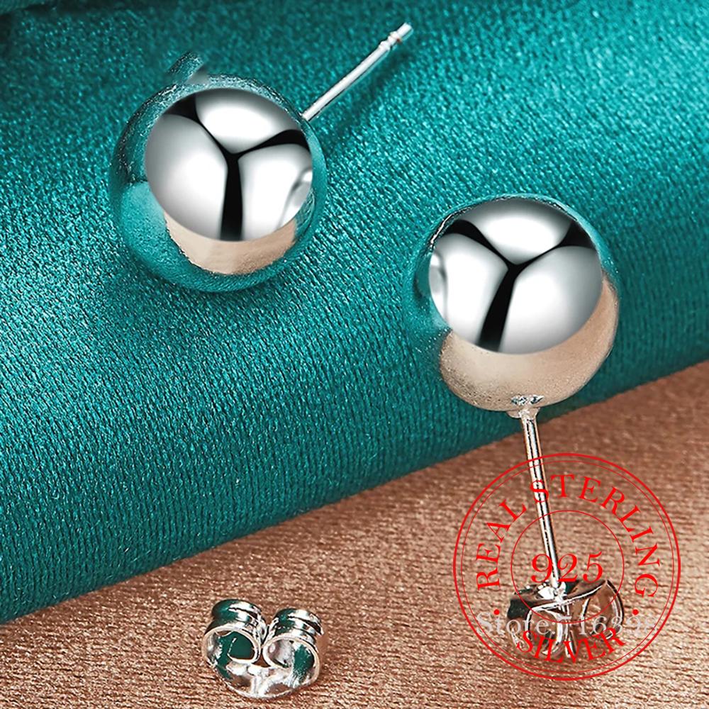 925 Sterling Silver 8mm/10mm Round Smooth Solid Bead Ball Stud Earrings For Women Girls Wedding Engagement Party Jewelry Gift