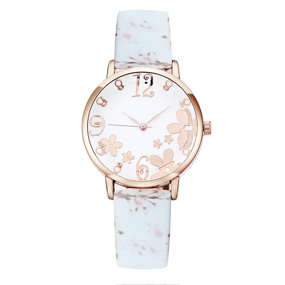 Women Fashion Embossed Flowers Small Fresh Printed Belt Student Quartz Watch