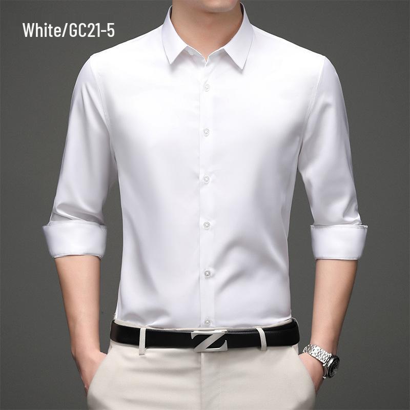 Men's Solid Color Iron-Free Stretch Korean Style Slim Fit Long Sleeve Business Casual Shirt - White