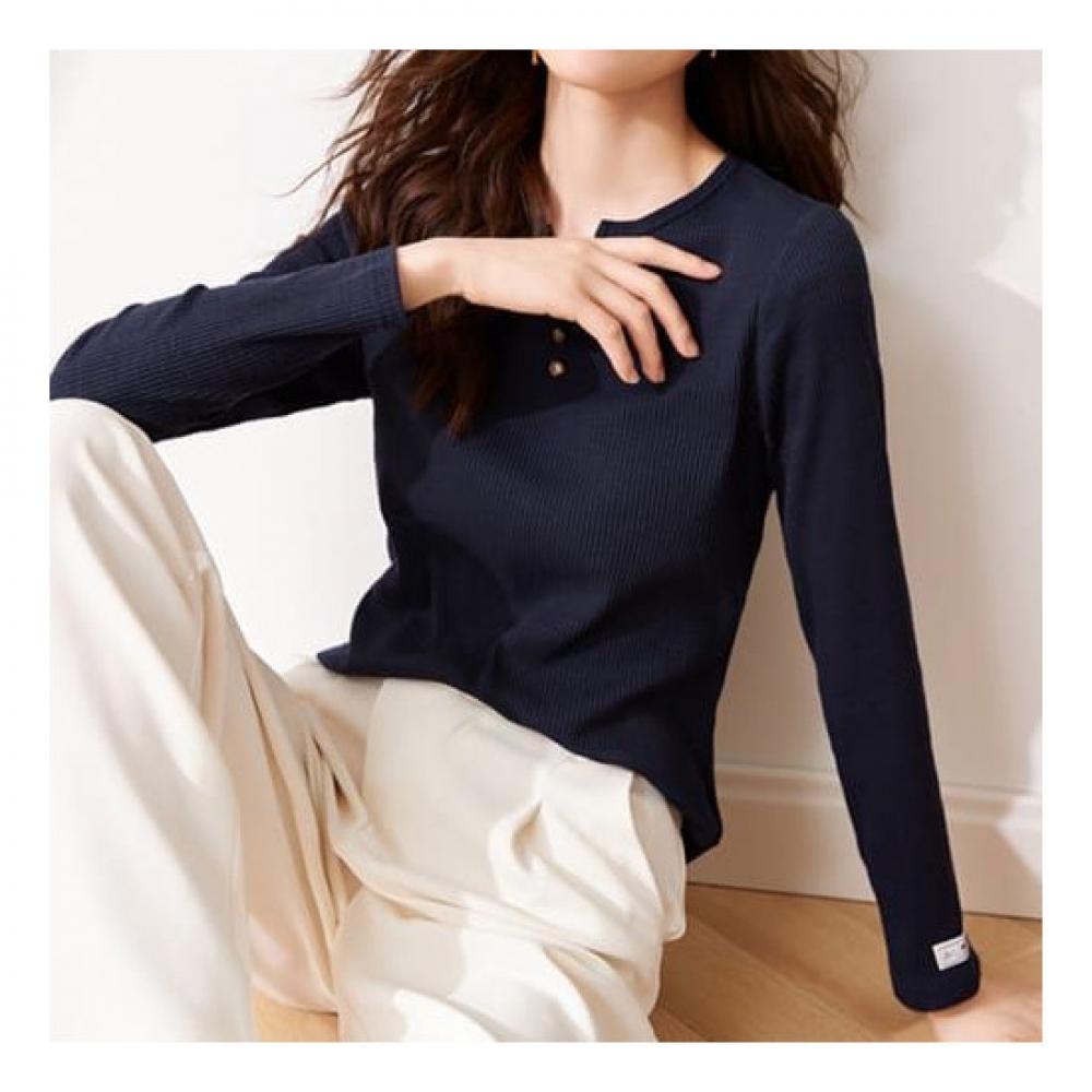 Navava Long Sleeve Ribbed BuTTon SliT Neck T shirT nT1415