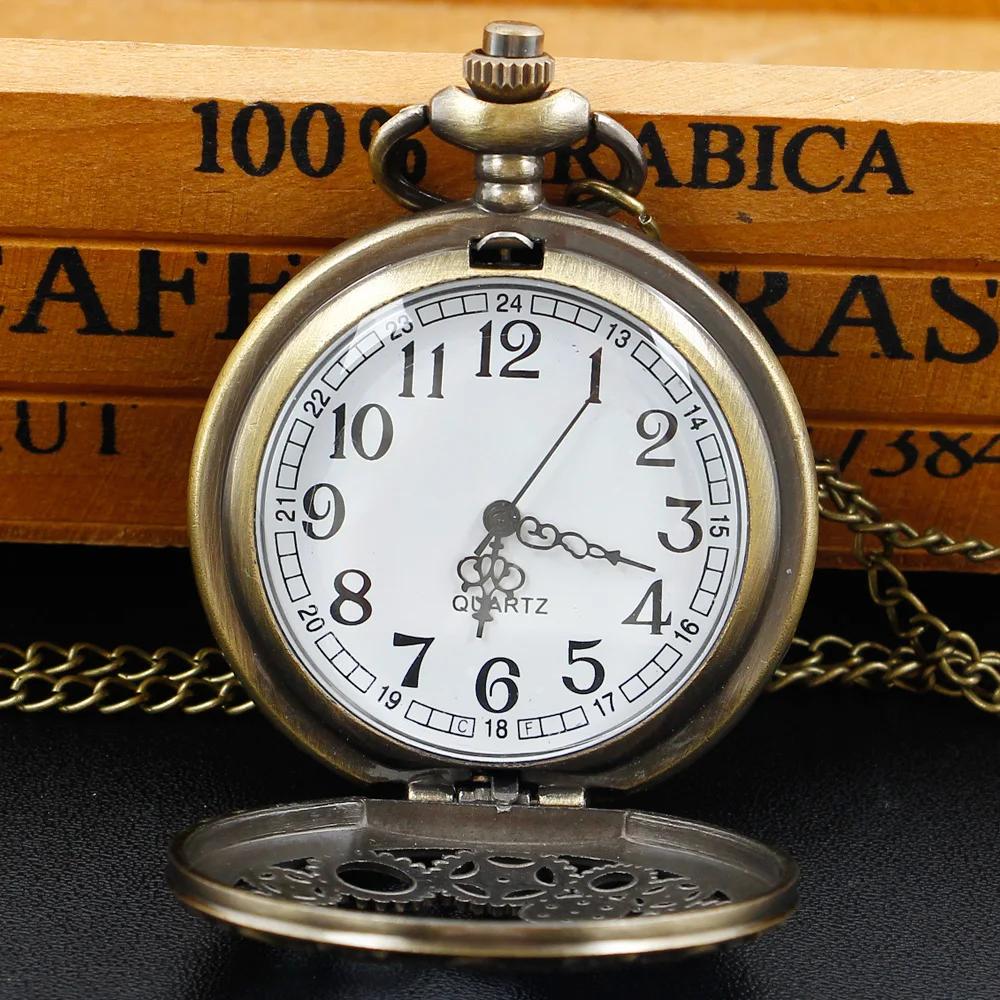 Bronze Quartz Movement Pocket Watch Hollow Gear Necklace Pendant Gift With Chain Pendant Gifts For Women Or Man with Fob Chain