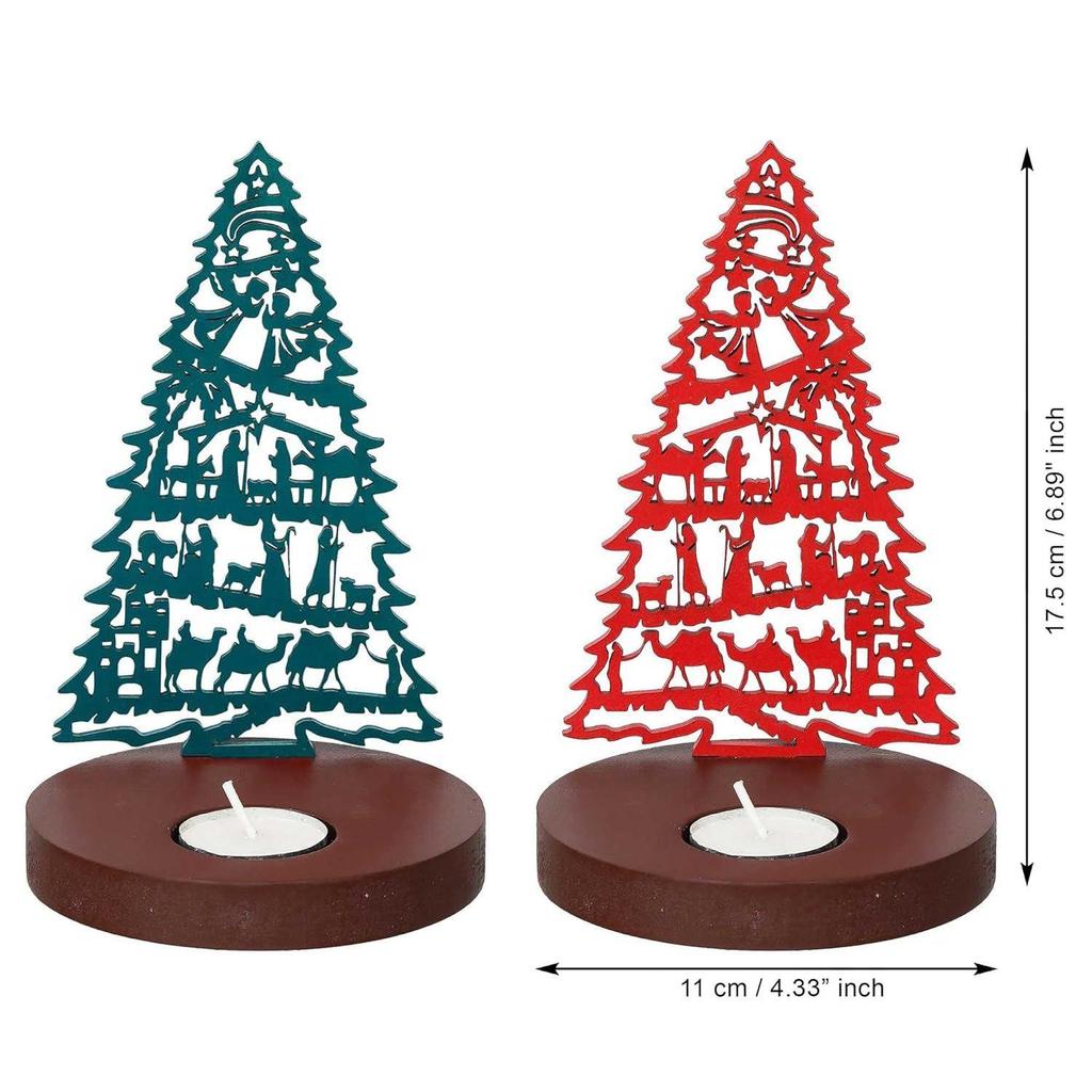 Jesus Krippe Weihnachtsbaum Teelicht Kerzenhalter(Set aus 2 Holz Rot Grün)Teelichthalter|Weihnachtsdekorationsartikel