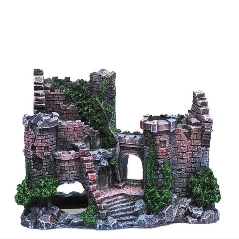 Resin Artificial Fish Tank Ancient Castle Decoration Aquarium Rock Cave Building Decoration Aquatic Landscaping Ornament