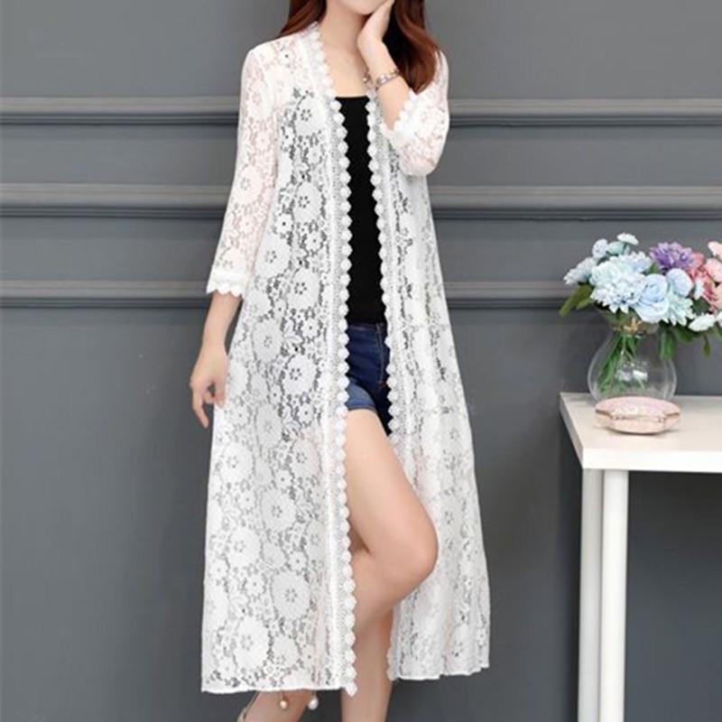 Cárdigan de encaje para mujer de longitud media, chal de malla de verano, holgado, hasta la rodilla, ropa de protección solar, chaqueta para mujer, camisa, prenda de abrigo