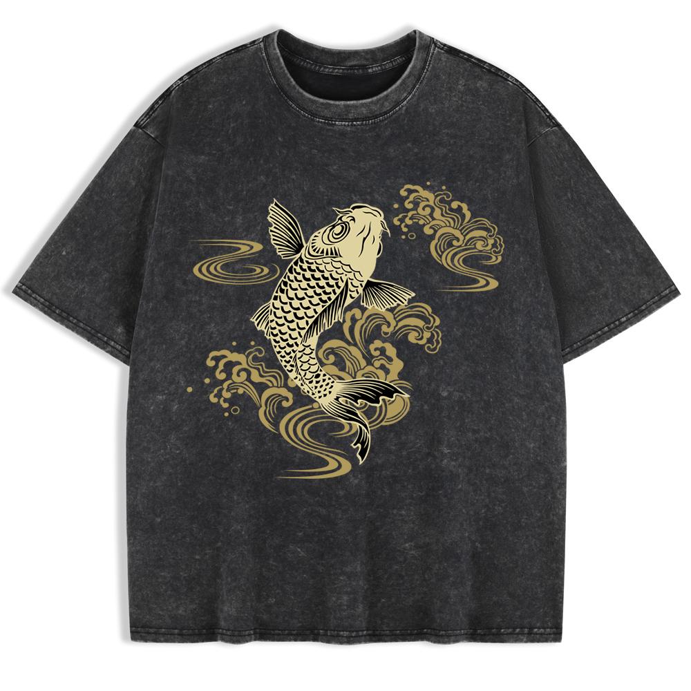 

Paper Cut Koi Good Luck Prints Washed T-Shirts Mens Cotton Short Sleeve Tops Basic O-Neck Oversized T Shirt Clothes S
