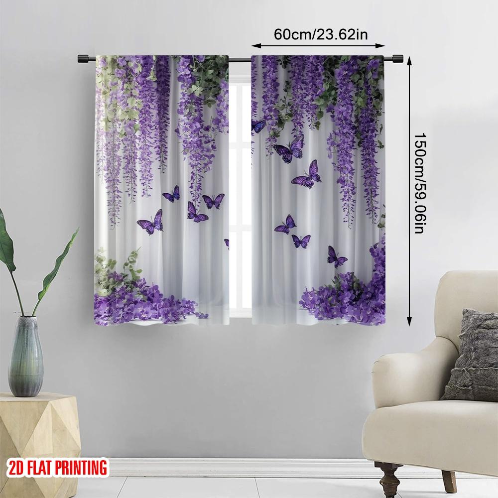 Flat Printing Window Curtains Purple Flower Butterfly Digital Printed Polyester Drapes Birthday Party Use Curtain Set Of 2 Made Washable