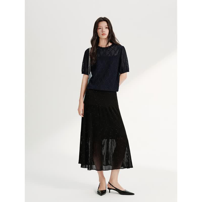 JUZUI Women's Quiet Luxury Jacquard Knit Short-Sleeve Top