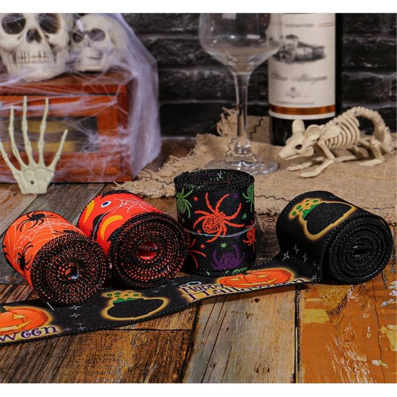 Halloween Theme Wide Ribbon for Halloween Celebration Decors 2.5inch Wire Edged Wide Ribbon 5 Yard for Festival Decors