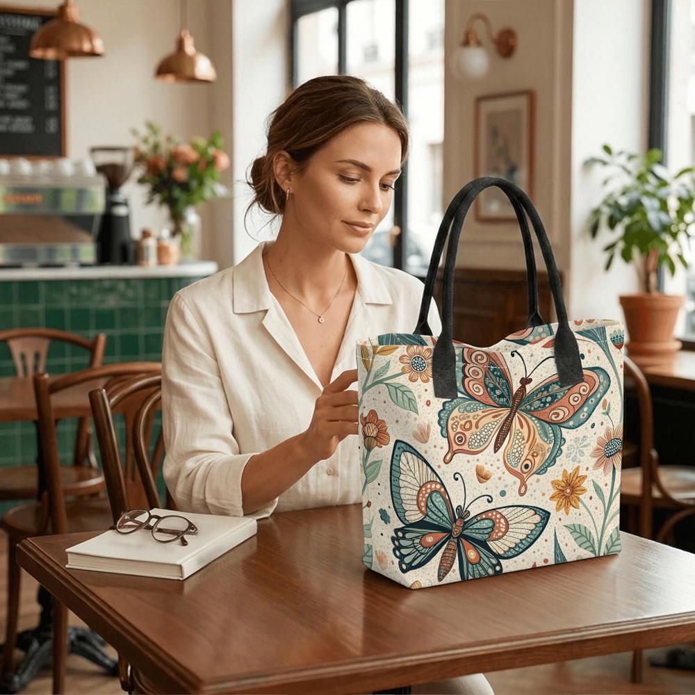  Boho Butterfly Floral Printed Canvas Tote Bag Casual Large Capacity Shoulder Handbag for Daily Use
