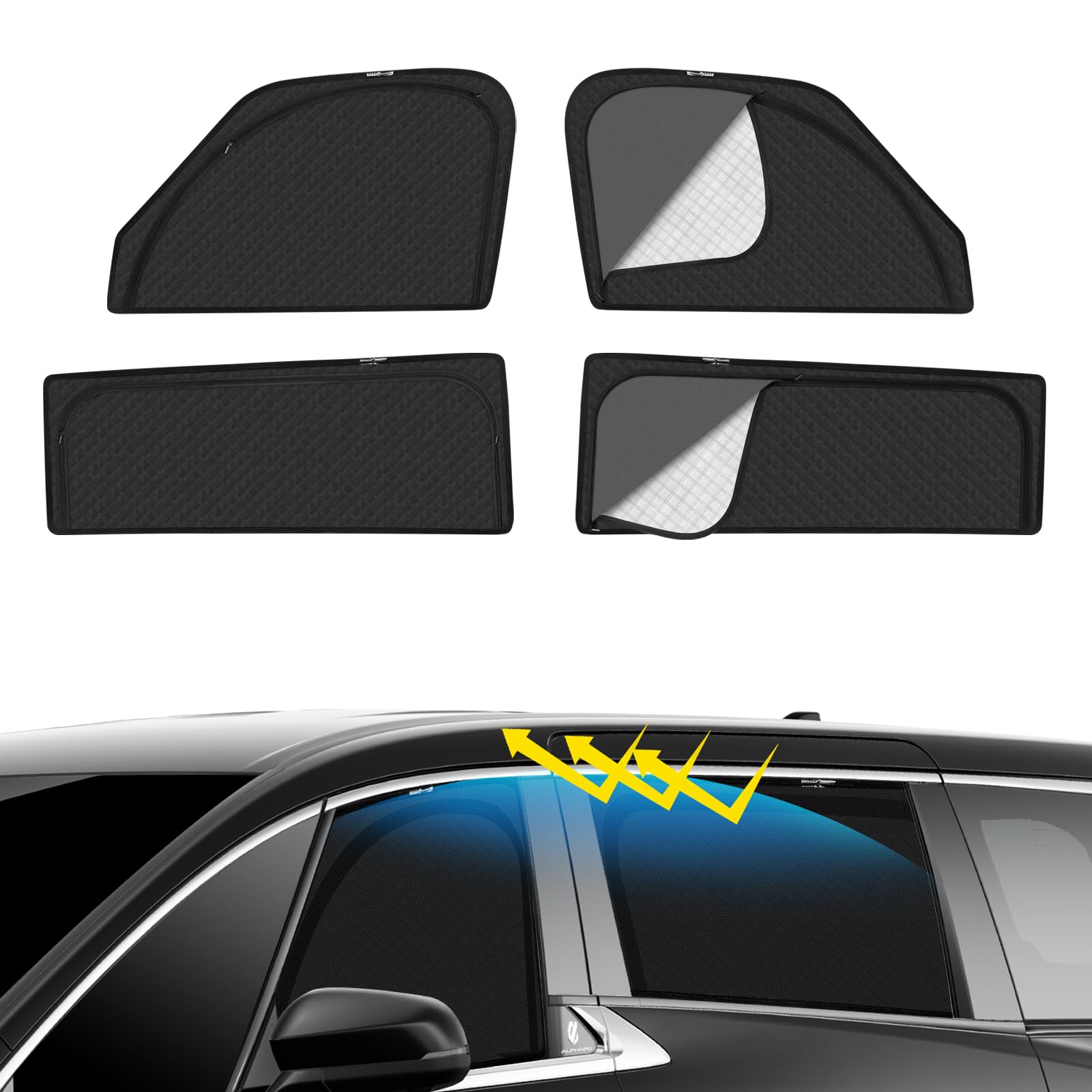 

Комплект из 4 заказных сетчатых солнцезащитных экранов для Toyota и боковых экранов от насекомых и УФ-лучей, идеально подходит для водителя и пассажира, 4 штуки Alphard/Vellfire (40-я серия) - Затемнение, чёрный